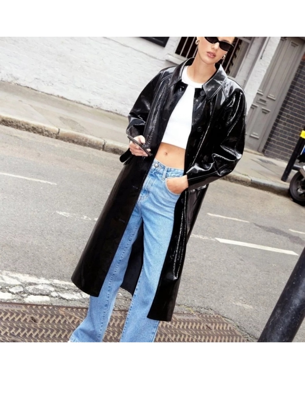 NWT nasty gal Premium Faux Leather Vinyl Mac trench Coat black 14